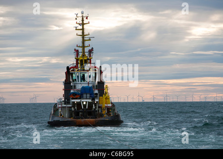 Un remorqueur tracte le cric jusqu'à la barge du Goliath Walney Projet de parc éolien en mer, au large de Barrow in Furness, Banque D'Images