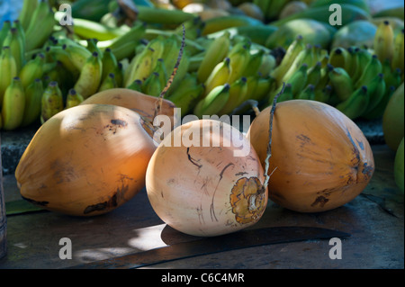 De Coco frais et de fruits tropicaux sur une plage Market Stall, plage de Beau Vallon, Mahe, Seychelles Banque D'Images