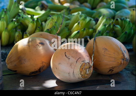 De Coco frais et de fruits tropicaux sur une plage Market Stall, plage de Beau Vallon, Mahe, Seychelles Banque D'Images