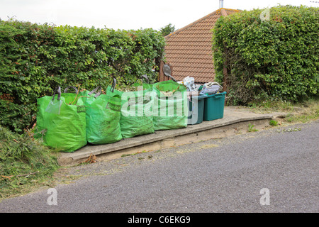 Les sacs à déchets de jardin vert et boîtes de recyclage en attente de collection Banque D'Images