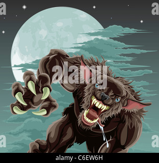 Un effrayant loup-garou en face de ciel clair de lune. Illustration de l'Halloween. Banque D'Images