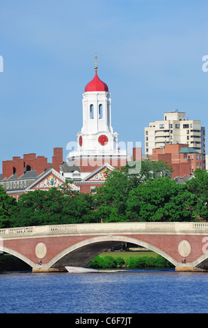 John W. Semaines Bridge et la tour de l'horloge sur Charles River dans l'Université de Harvard à Boston campus d'arbres et de ciel bleu. Banque D'Images