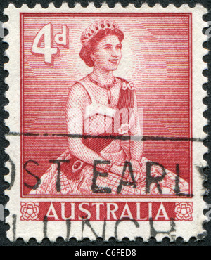 Australie - 1959 : timbre imprimé en Australie, montre la reine Elizabeth II Banque D'Images