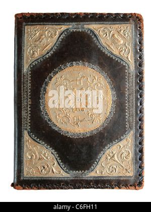 Livre ancien en cuir couvercle avec gaufrage doré isolated on white Banque D'Images