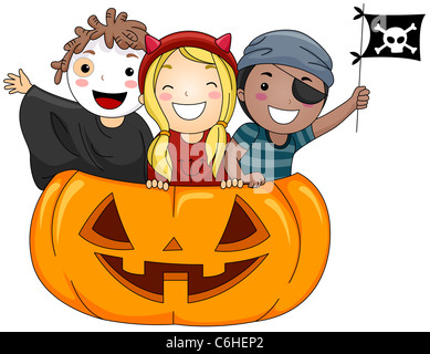 Illustration d'enfants habillés en costumes se tenant debout à l'intérieur un géant Jack o Lantern Banque D'Images