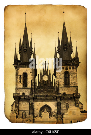 Vintage postcard (imitation) à l'église de la Vierge Maria avant à Prague Tyn Banque D'Images