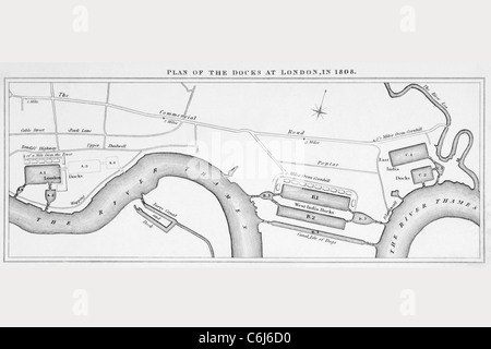 Plan de docks de Londres qu'ils l'étaient en 1808. Banque D'Images