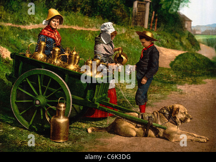 Les vendeurs de lait, Bruxelles, Belgique, vers 1900 Banque D'Images