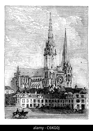 La cathédrale de Chartres, à Chartres, France, pendant les années 1890, gravure d'époque. Vieille illustration gravée de la cathédrale de Chartres. Banque D'Images