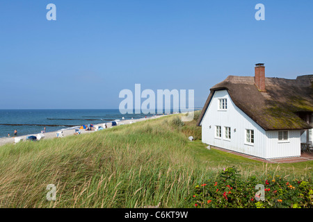 Maison au toit de chaume sur la plage, de la mer Baltique, Ahrenshoop Ville 1, Allemagne Banque D'Images