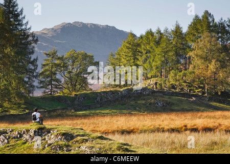 Une femme asiatique indien est assis et jouit de la vue dans la campagne anglaise. Borrowdale, Lake District, UK Banque D'Images