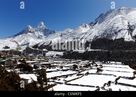 Pangboche village avec l'Ama Dablam montagne derrière elle, Région de l'Everest, au Népal Banque D'Images