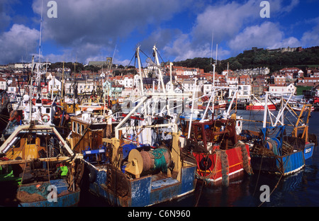 Les bateaux de pêche amarrés dans le port de Scarborough, Yorkshire UK Banque D'Images