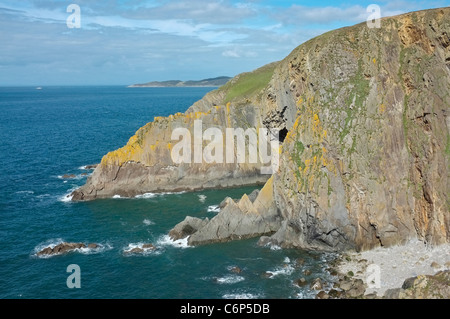 Les falaises accidentées au point Baggy entre Woolacombe et Mortehoe Côte Nord du Devon, Angleterre, Banque D'Images