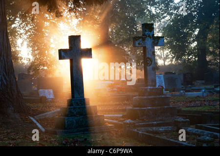 Pierres à tête de Cemetery Cross allumées tôt le matin par la lumière du soleil à travers la brume. Kings Sutton, Northamptonshire, Angleterre Banque D'Images