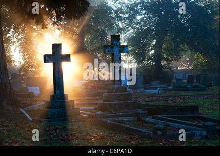 Pierres à tête de Cemetery Cross allumées tôt le matin par la lumière du soleil à travers la brume. Kings Sutton, Northamptonshire, Angleterre Banque D'Images