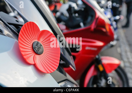 Grand du coquelicot de la Légion britannique sur l'avant d'une moto Banque D'Images