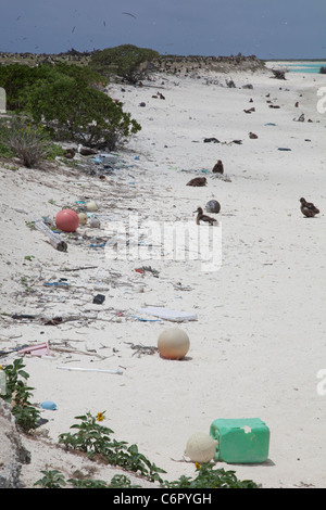 Des débris marins en plastique provenant du Pacific Garbage Patch ont lavé le minerai de terre sur l'île orientale inhabitée par les courants du Gyre du Pacifique Nord Banque D'Images