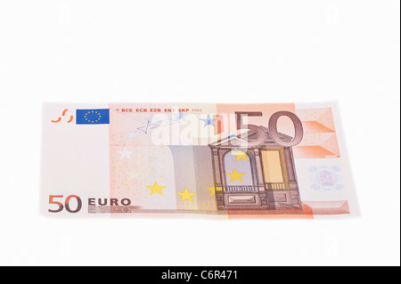 Une cinquantaine d'euro bank note sur un fond blanc Banque D'Images