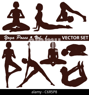 Silhouettes de femmes dans des poses de Yoga sur un fond blanc, vector illustration Banque D'Images