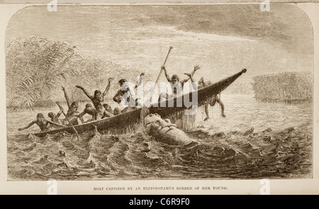 Illustration montrant un canoë avec les indigènes étant a chaviré par un hippopotame, furieux de l'ouvrage de David Livingstone Voyages Missionnaires Banque D'Images