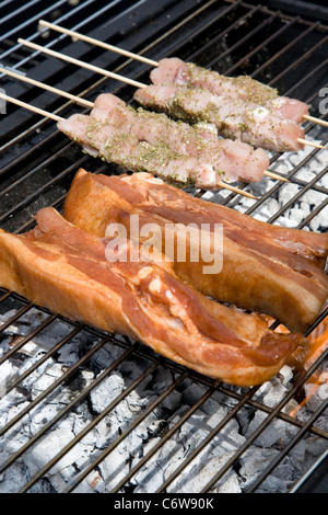 Les brochettes de poulet et côtes levées de porc - matières premières sur le gril Banque D'Images