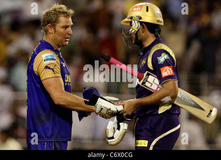 Kolkata Knight Riders Capitaine Sourav Ganguly et Rajasthan Royals Capitaine Shane Warne Les Kolkata Knight Riders vs Rajasthan Banque D'Images