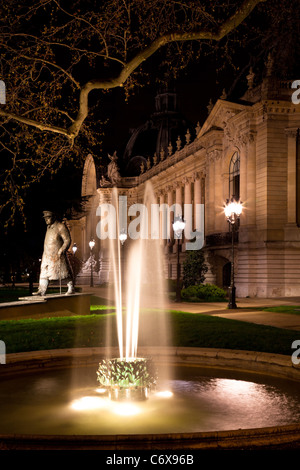 La fontaine et la statue de Winston Churchill près du Petit Palais à Paris la nuit. La France. Banque D'Images