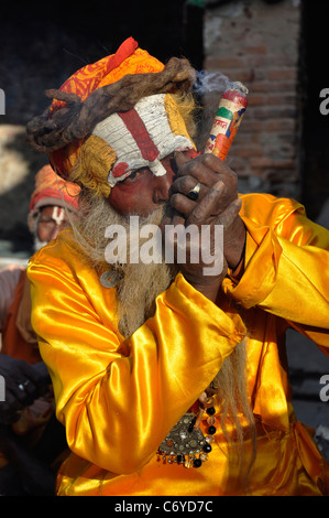 Un pèlerin hindou de fumer de la marijuana dans la grande fête hindoue "hivaratri» au temple de Pashupatinath Kathmandou, Népal. Banque D'Images