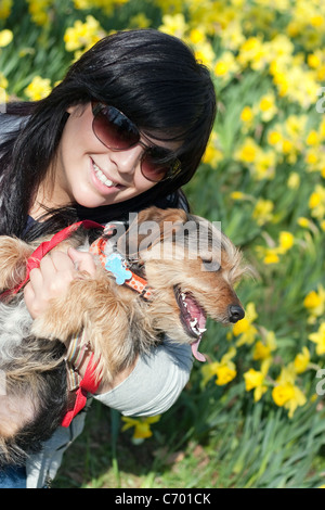 Une jeune femme dans la vingtaine, tenant son borkie yorkshire terrier beagle dog. Banque D'Images