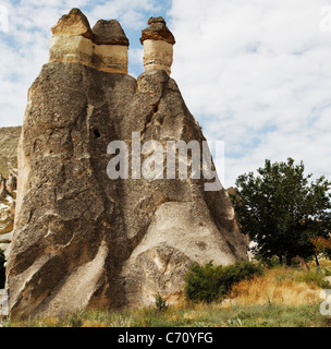 Format carré trois cheminées de fées groupe dans le désert de Cappadoce, Turquie entouré de minéraux et de buissons sauvages Banque D'Images