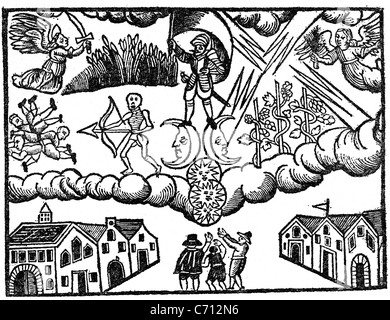 Guerre de Trente Ans (1618-1648) Une brochure 1627 montre les horreurs de la guerre : le soleil caché par les nuages, la destruction des cultures,des cadavres Banque D'Images