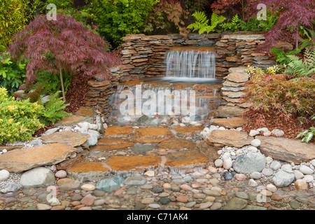 Un petit jardin zen japonais de l'eau de piscine avec cascade sur pierres pierres rochers et rochers avec plantation d'arbres Acer Palmatum Royaume-Uni Banque D'Images