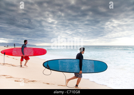 2 longboard surfers dans l'eau à Hawaii. Banque D'Images