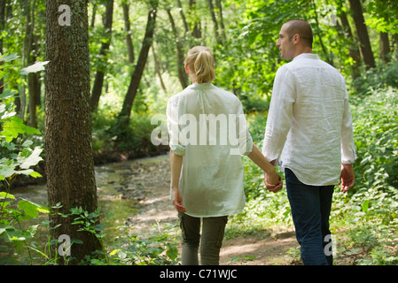 Couple en train de marcher dans les bois, vue arrière Banque D'Images