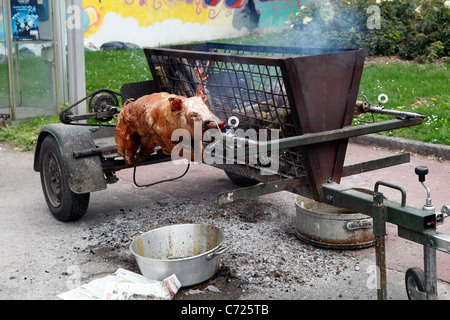 Rôti de cracher dans la rue sur une torréfaction Porcs barbecue fusée Banque D'Images