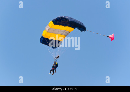 Deux cavaliers au parachutisme en tandem paracute Ellough près de l'aérodrome de Farnborough dans Suffolk , Angleterre , Angleterre , Royaume-Uni Banque D'Images