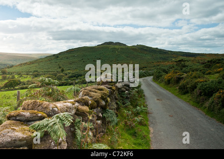 Un étroit chemin de campagne et mur de pierre menant à un Tor dans la distance - photo de paysage. Banque D'Images