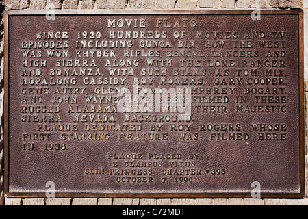 Plaque descriptif (voir la description pour plus de détails) au film Appartements dans l'Alabama Hills, près de Lone Pine, en Californie, USA. JMH5335 Banque D'Images