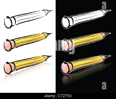 Illustration d'un crayon, contours avec remplissage blanc, coloré et réfléchie. Fond noir et blanc. Banque D'Images