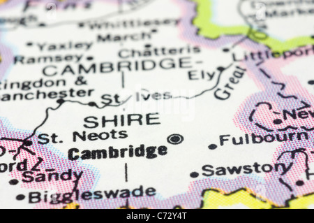 Close up of Cambridge city sur la carte, de l'Angleterre Banque D'Images