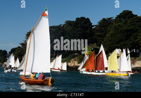 Flottille de petits navires à voile, régate, d'événements maritimes : semaine du golfe du Morbihan (Bretagne, France). Banque D'Images