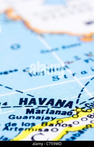 Un gros plan sur la carte de La Havane, capitale de Cuba. Banque D'Images