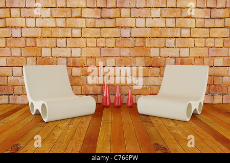 Avec des chaises modernes et vase sur plancher en bois et mur de brique Banque D'Images