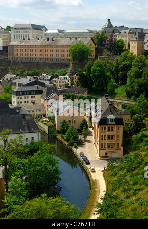 Voir à la basse-ville, dans le quartier de Grund avec bâtiments résidentiels sur l'Alzette, Luxembourg Banque D'Images