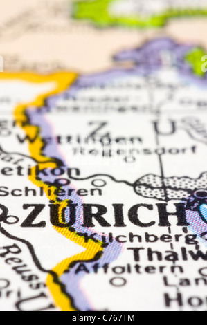 Close up de Zurich sur la carte, ville de Suisse Banque D'Images