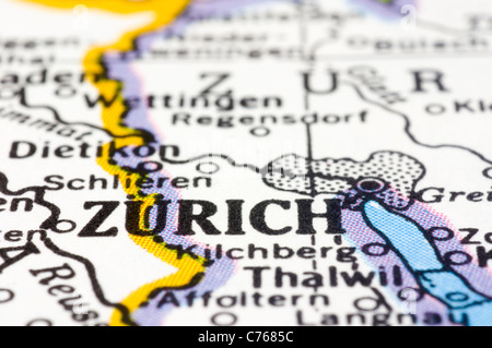 Close up de Zurich sur la carte, ville de Suisse Banque D'Images