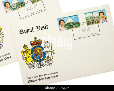 1979 Enveloppe premier jour des timbres commémorant la première visite royale à l'île de Man après le Jubilé d'argent 1977 Banque D'Images