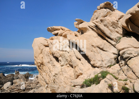 Sur la côte de granit érodés par le vent, la météo et la mer en mammifères marins et de requins-comme les formes, Campomoro, corse. Banque D'Images