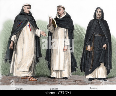 Ordres mendiants au Moyen Âge. De gauche à droite, frère trinitaire, République dominicaine et d'Augustin. Banque D'Images